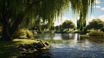 Fototapeta premium A photo of a serene pond surrounded by weeping willow