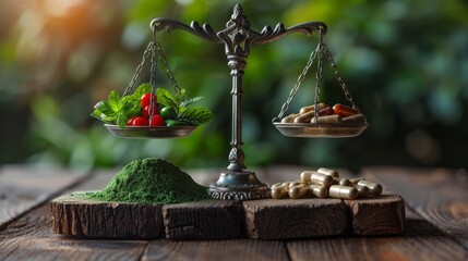 Balance scale with fresh herbs and berries on one side and capsules on the other, placed on a wooden surface with a pile of green powder and capsules beside it