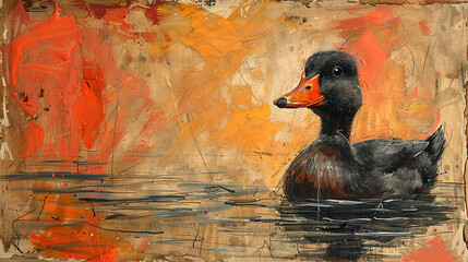   A painting of a duck floating on a body of water against an orange and yellow backdrop
