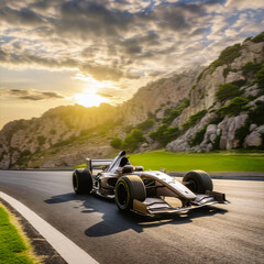 F1 prototipo de formula 1 corriendo en carretera de montaña.
