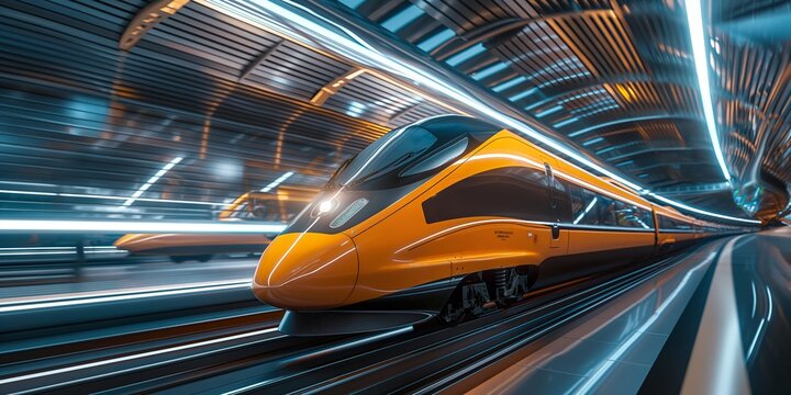 High-speed orange train speeding through a futuristic-looking station with dynamic lighting
