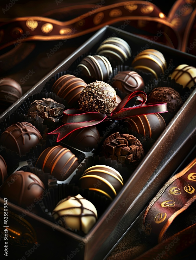 Poster Box of assorted chocolate truffles elegantly wrapped with a red ribbon, luxurious presentation. Generative AI