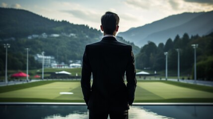 A male sports manager in a suit stands with his back looking at the sports field.
Concept:
Reflections and success, business and ambitions, sports leadership, motivation.