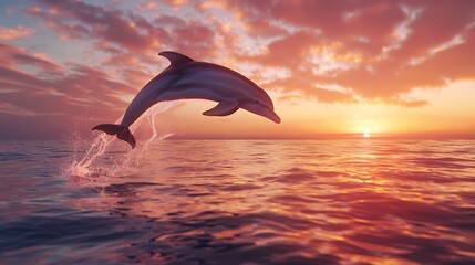 The graceful arc of a dolphin leaping out of the ocean at sunrise, against a backdrop of pink and orange skies.