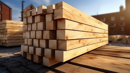 A photo of a stack of wooden planks on a building site