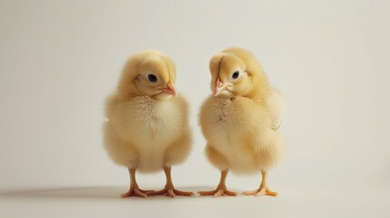 Two Easter chicks standing alone on a white backdrop