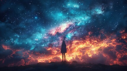 A lone person gazes upward at the mesmerizing expanse of the star-filled night sky A woman standing on a hill looking at the stars.