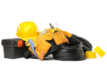 Tool belt, rolled cables, electrical junction boxes and hardhat on white background