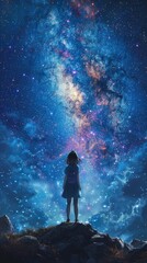 A lone person gazes upward at the mesmerizing expanse of the star-filled night sky A woman standing on a hill looking at the stars.
