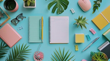 See a flat lay of a desk organizer, sticky notes, and a planner for staying organized