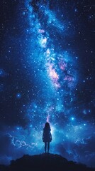 Fototapeta premium A lone person gazes upward at the mesmerizing expanse of the star-filled night sky A woman standing on a hill looking at the stars.