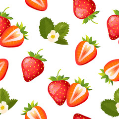 Vector seamless pattern with fresh ripe strawberries, blooming flowers and green leaves.
