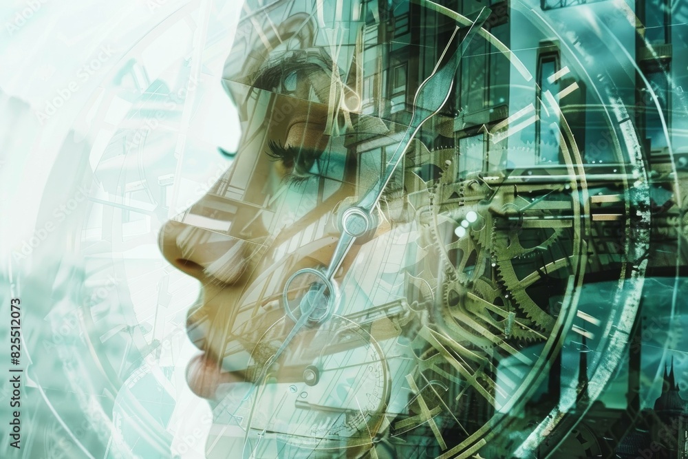 Poster digital composite image blending a human face with abstract tech elements, symbolizing ai and innova
