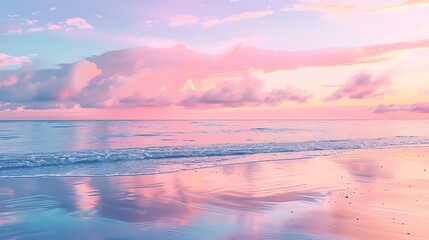 The soft, pastel colors of a sky just before sunrise, reflecting on the calm waters of a coastal beach.