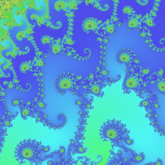 Intricate Mandelbrot fractal spiral pairs in pastel hues. Mathematical art.