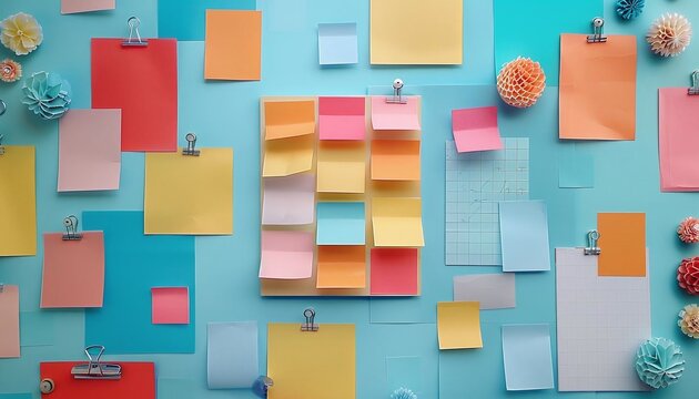 Visualize a flat lay with a bulletin board, push pins, and colorful index cards for study notes