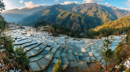   A panoramic shot of a rice paddy surrounded by mountains