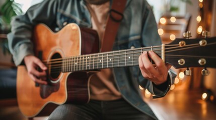 A teenager plucking at the strings of their guitar inspired by the melodies filling the room.