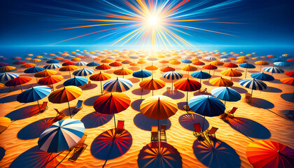 Vibrant beach scene with colorful umbrellas beneath a tropical sunny sky perfect for summer relaxation paradise ocean waves palm trees sunbathing turquoise clear sky sand vacation leisure