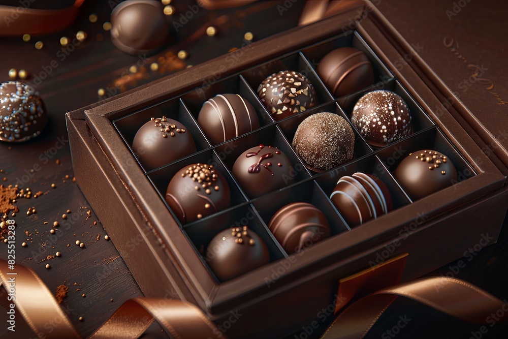 Poster elegant box of chocolate truffles adorned with a ribbon, boasting rich dark colors and intricate det
