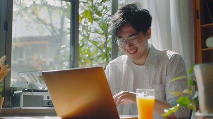 Young attractive asian man working on his laptop and drinking juice for breakfast in the morning., daily routine