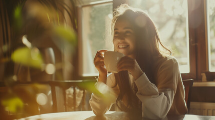 Young beautiful woman with cup of coffee at the table in light sunny morning, daily routine
