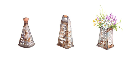 Set of graters. Watercolor illustration. Grater with a bouquet of flowers