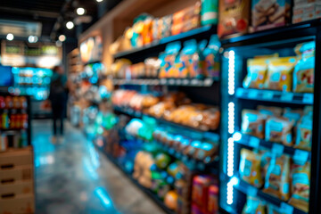 Naklejka premium Shopping trolley in a supermarket filled with products. Concept: Shopping, retail, savings.