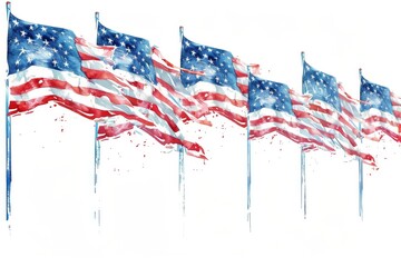 A close-up shot capturing a row of American flags fluttering in the wind during a vibrant Fourth of July celebration against a pristine white backdrop.