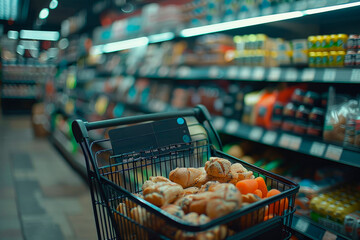 Grocery cart in a supermarket with overlaid digital effects.

Concept:
Future of shopping, smart retail, retail innovation, e-commerce, shopping.