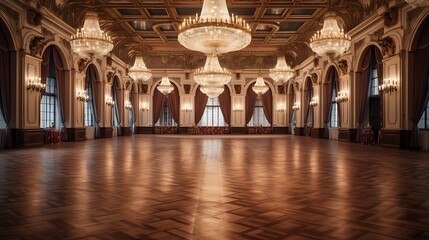 Elegant ballroom with chandeliers and ornate decorations, ready for a formal event