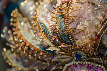 A close-up of a stunning Venetian carnival headdress, featuring intricate craftsmanship, delicate lace, elegant ribbons, and dazzling jewels. A true masterpiece of art and luxury.