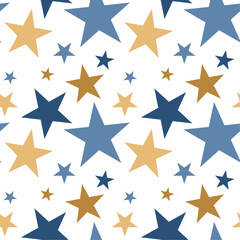 Stars Seamless Pattern. Seamless Blue and Golden Stars Pattern on White Background. Good for fabric, textile, pajama, linen, wallpaper, background