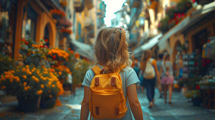 Obraz premium Little Girl Walking Down a Street Next to a Crowd