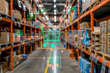 Warehouse with boxes and shopping cart icon overlay in augmented reality.
Concept:
Logistics, warehouse management, e-commerce, retail innovation, augmented reality technologies.