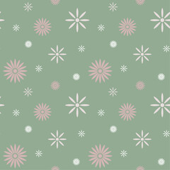 Seamless floral pattern, print of small flowers, tiny leaves in an abstract arrangement on a green background. Vector illustration
