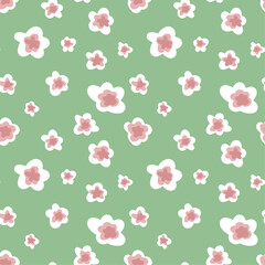 Seamless pattern with hand drawn flowers. Small white and pink flowers on a green background. Simple floral Seamless pattern. For textile, pajama, linen, wallpaper, background fabric and texture