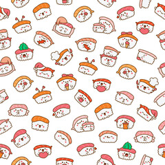 Funny kawaii sushi with cute faces. Seamless pattern. Japanese traditional cuisine dishes characters. Hand drawn style. Vector drawing. Design ornaments.