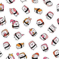 Happy sushi characters in different poses. Seamless pattern. Funny cartoon food. Hand drawn style. Vector drawing. Design ornaments.