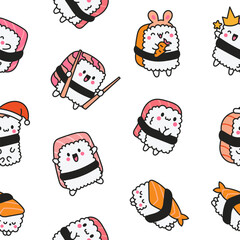 Happy sushi characters in different poses. Seamless pattern. Funny cartoon food. Hand drawn style. Vector drawing. Design ornaments.