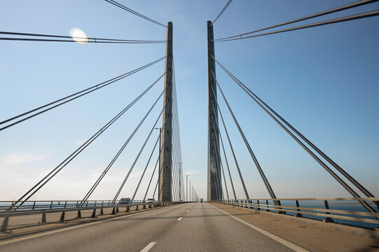 Pylons and wires on the &Oslash;resund Bridge between Sweden and Denmark