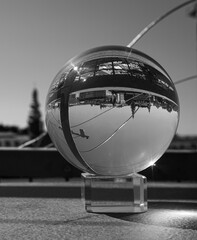 Close up of a crystal ball in black and white