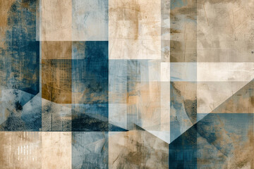 Abstract art background, geometric shapes in beige and blue tones, contemporary painting in the style of texture and grain effect
