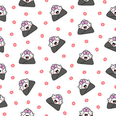 Cute kawaii onigiri. Seamless pattern. Funny sushi cartoon character. Asian rice and nori food. Hand drawn style. Vector drawing. Design ornaments.