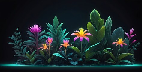 isolated on dark gardient background with copy space, neon Garden Plants concept, illustration