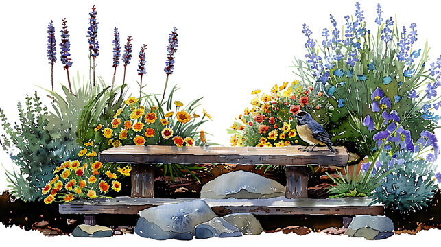  illustration of a gardes with flowers , a bird, garden decoration in watercolor painting style with little earth between the plants isolated against transparent background