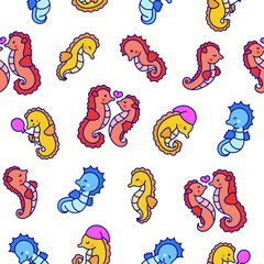 Cute kawaii seahorse. Seamless pattern. Cartoon underwater animal characters. Hand drawn style. Vector drawing. Design ornaments.