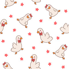 Cute kawaii goose. Seamless pattern. Cartoon funny duck characters. Hand drawn style. Vector drawing. Design ornaments.