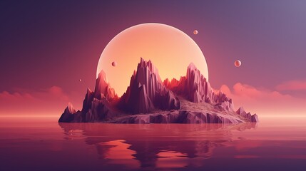 Surreal Fantasy Island with Mountains and Planets at Sunset.