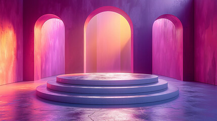 purple colored stage in the shape of a podium with spotlight minimalist and glossy for presenting product presentations